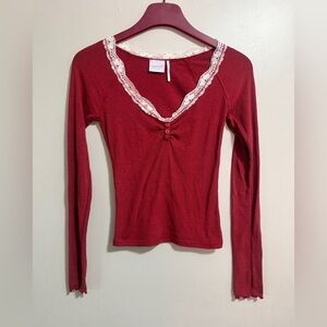 Y2K Style Urban Outfitters “ Out From Under” Red Long Sleeve Top with Lace Trim
